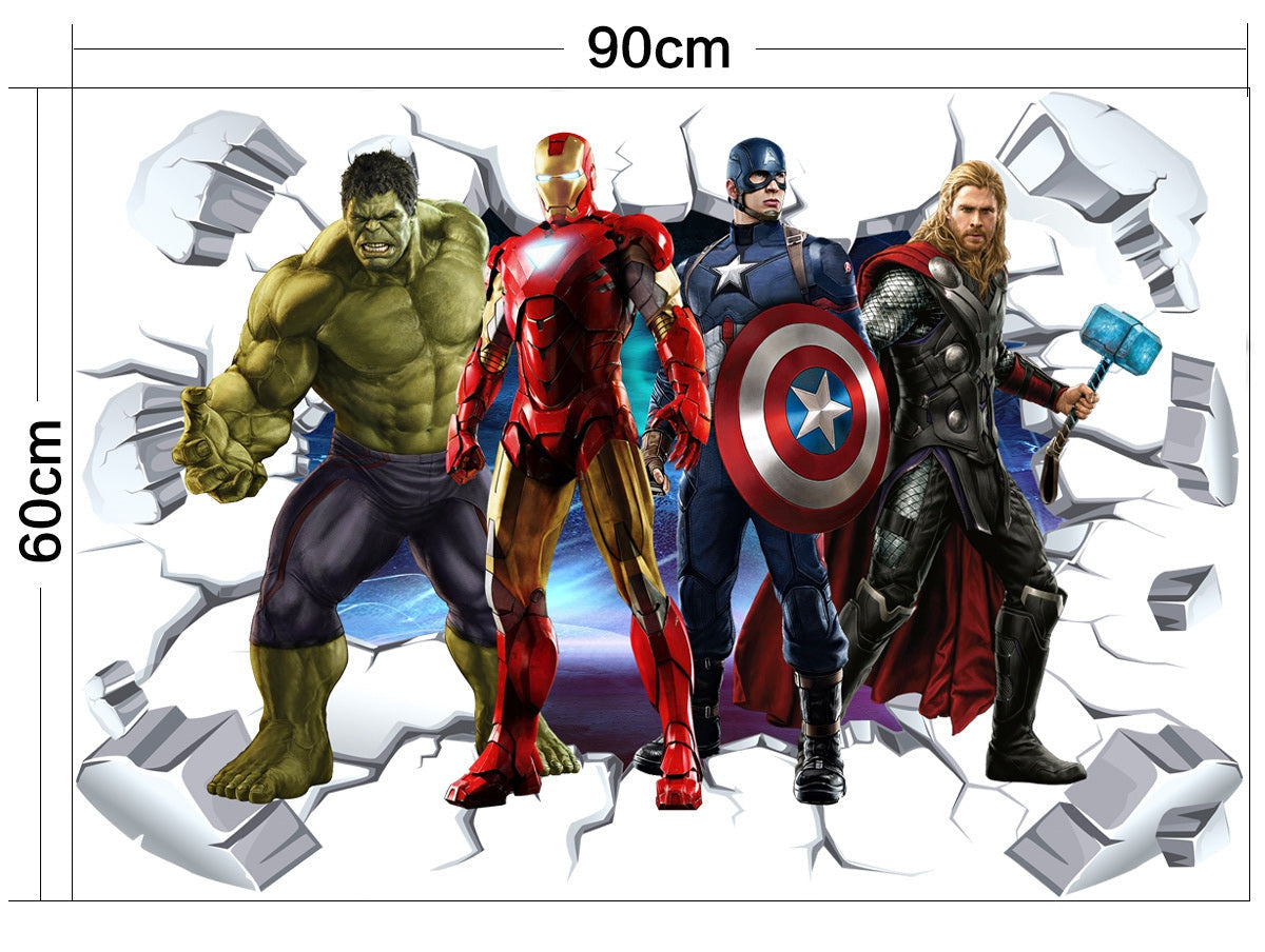 A printed wall decal or poster layout showing Marvel superheroes Hulk, Iron Man, Captain America, and Thor standing in front of a cracked, exploded wall effect. The image includes dimension labels 90cm wide and 60cm tall, plus a bottom panel labeled PRINTING LAYOUT.