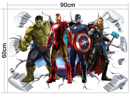 A printed wall decal or poster layout showing Marvel superheroes Hulk, Iron Man, Captain America, and Thor standing in front of a cracked, exploded wall effect. The image includes dimension labels 90cm wide and 60cm tall, plus a bottom panel labeled PRINTING LAYOUT.