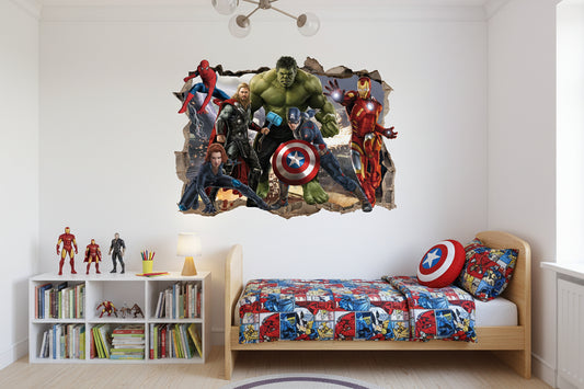 Marvel Avengers superhero wall decals featuring Hulk, Iron Man, Captain America, Thor, Spider-Man, and Black Widow, shown applied to a wall above a crib with toys.