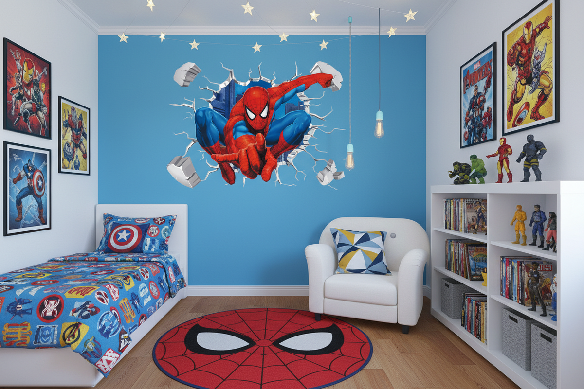 Spider-Man wall decal showing the superhero breaking through a cracked wall, displayed on a white wall above a sofa with a geometric throw pillow.
