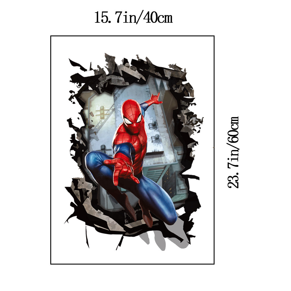 Spider-Man wall decal or poster print showing Spider-Man breaking through a torn wall, with printed dimensions labeled 23.7 in/60 cm by 15.