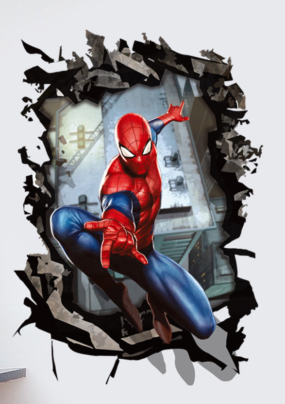 Spider-Man wall decal showing the superhero breaking through a 3D torn wall on a white wall in a room setting.